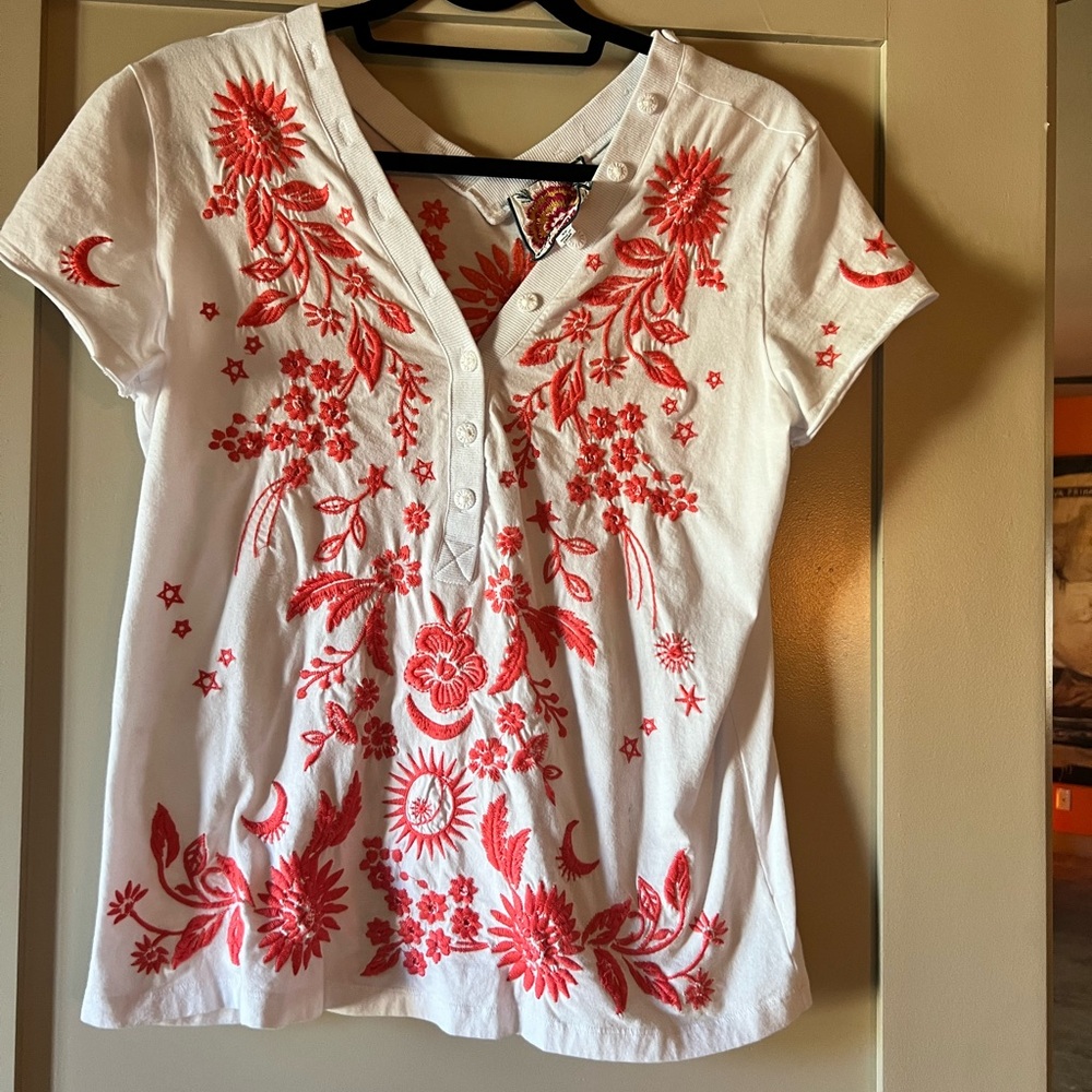 Johnny Was White and Orange Embellished Blouse